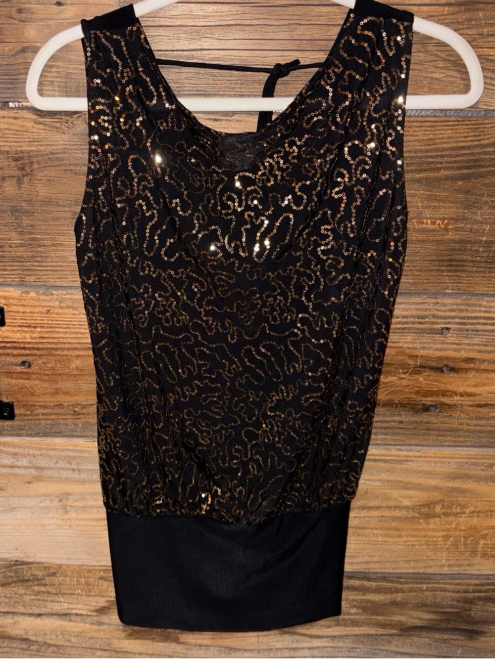 Vintage Poetry Black Top with Gold Sequin Pattern and Open Back